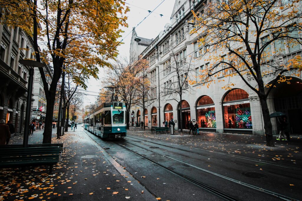 Tram in Zurich city center during autumn, featured in this Zurich travel guide.