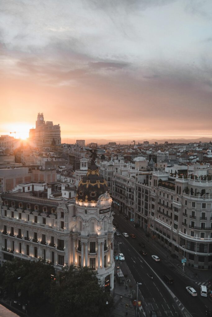 Sunset view over Madrid’s iconic buildings, as featured in our Barcelona travel guide 2024.