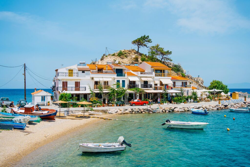 Charming waterfront village in Kokkari, Samos Island, Greece, a hidden coastal town perfect for a tranquil seaside escape.